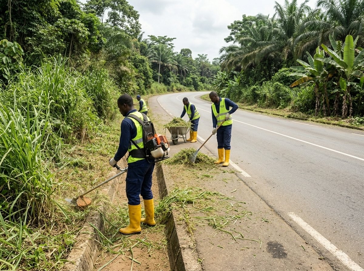 Équipe ECS débroussaillant le bas-côté d'une route nationale gabonaise